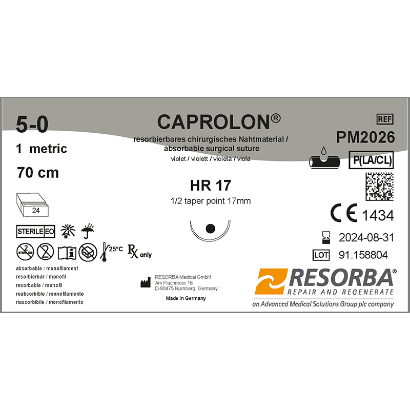 Капролон USP5-0, фіолетовий, довжина 70 см, голка колюча, 17мм, 1/2 кола